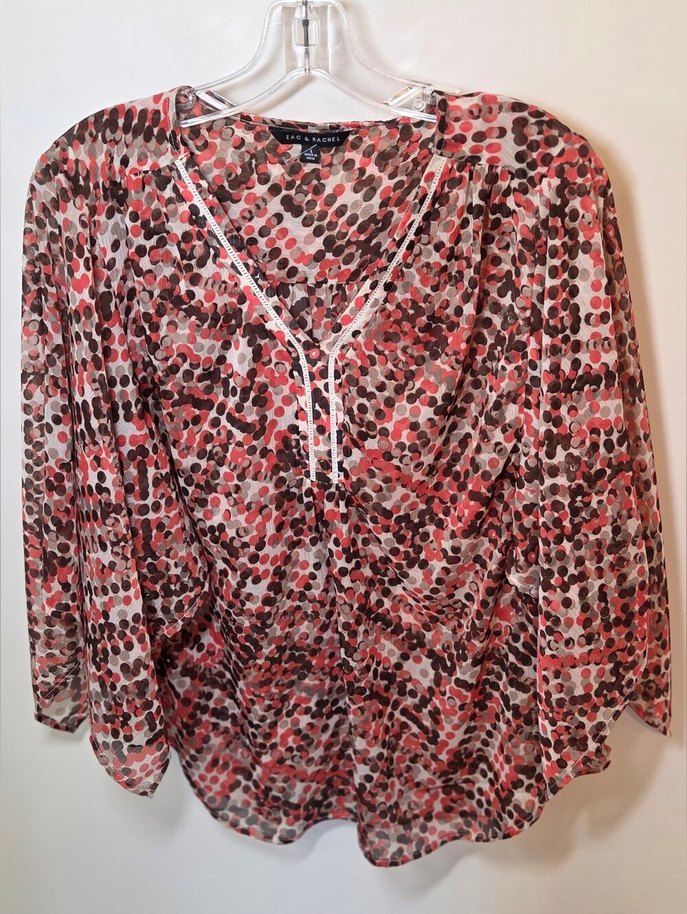 Zac & Rachel Batwing Boho Top Women's V-Neck Semi Sheer Brown Red Circles Large